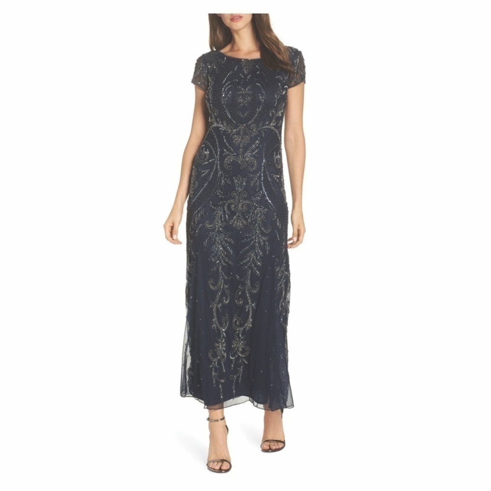 Pisarro Nights Navy Blue Embellished Mesh Beaded Women's Wedding Gown Dress